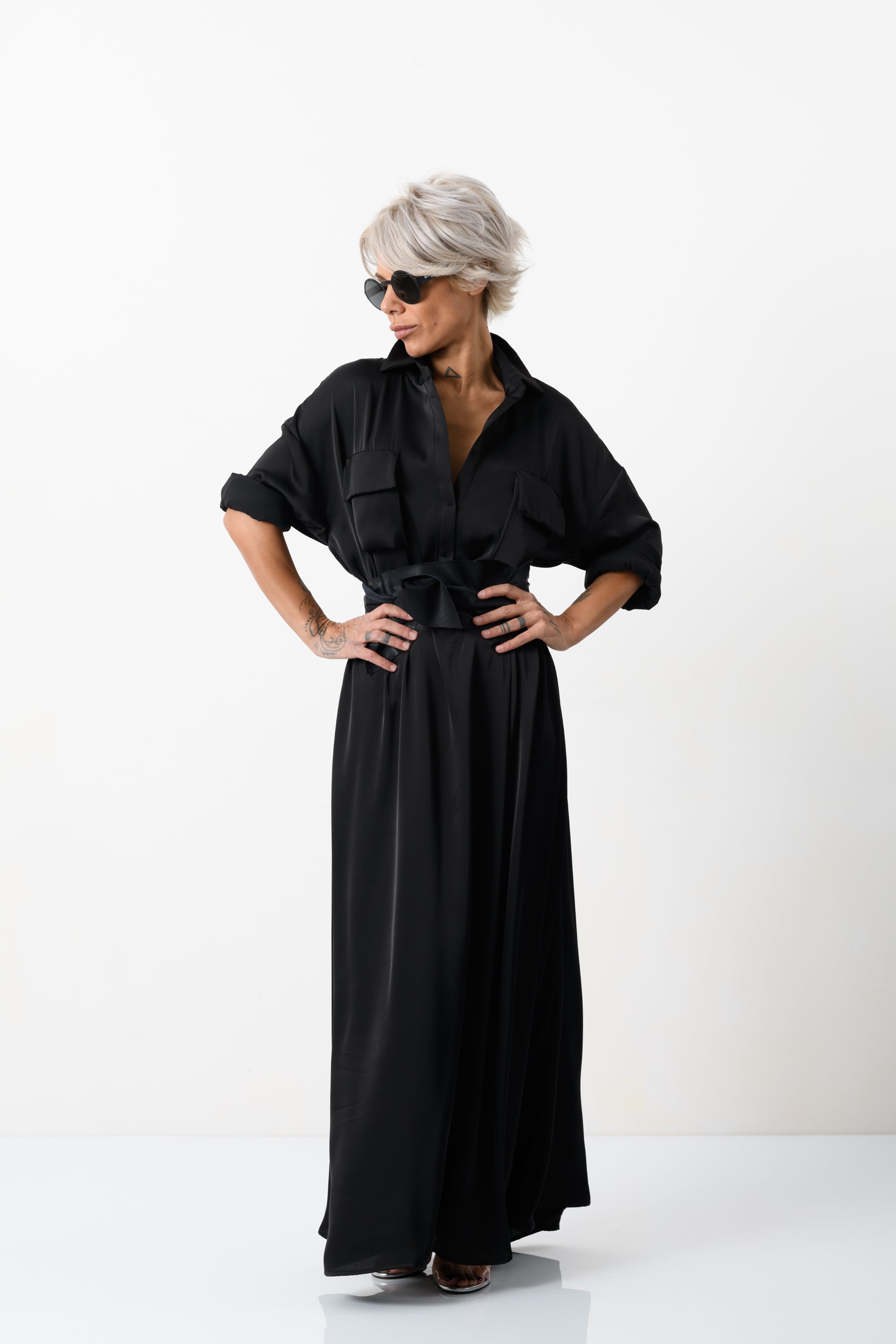 Elegant Maxi Black Shirt Dress with Vegan Leather Belt