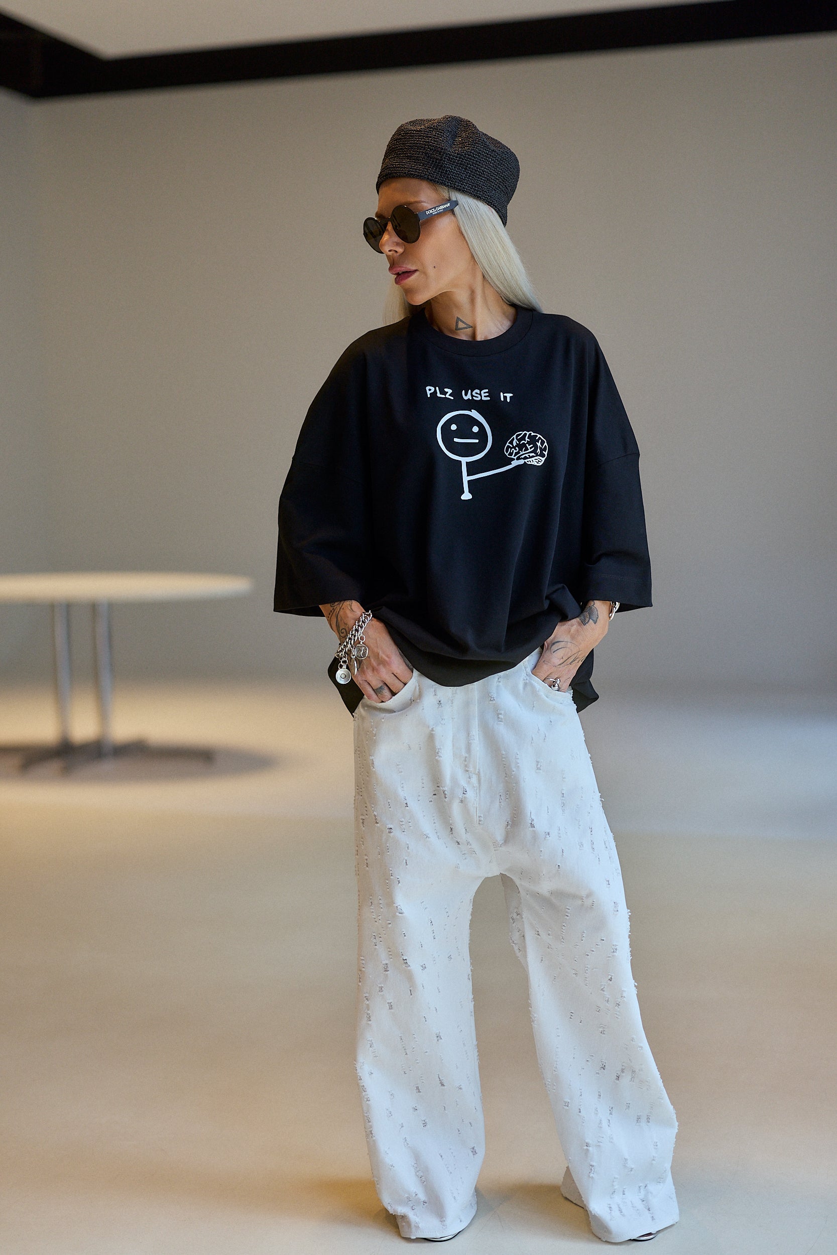 White Distressed Wide-Leg Jeans