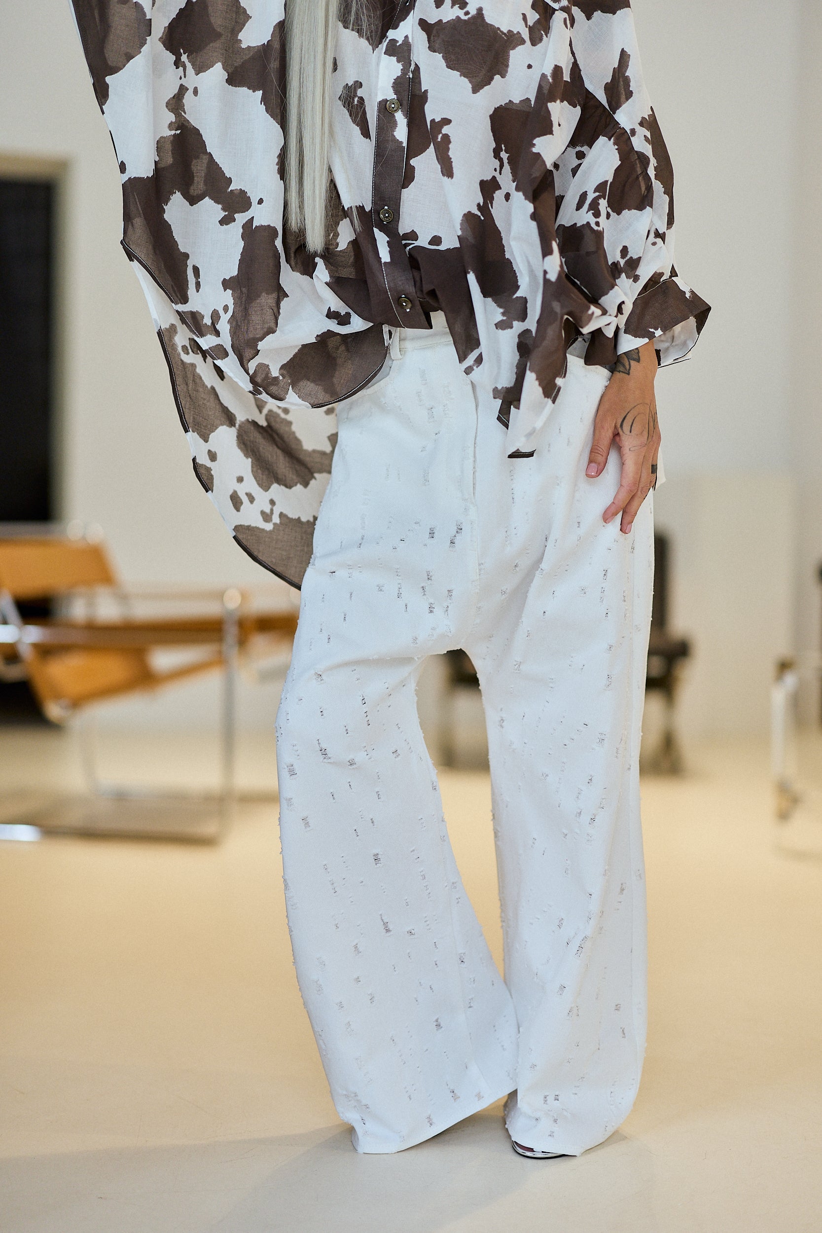 White Distressed Wide-Leg Jeans