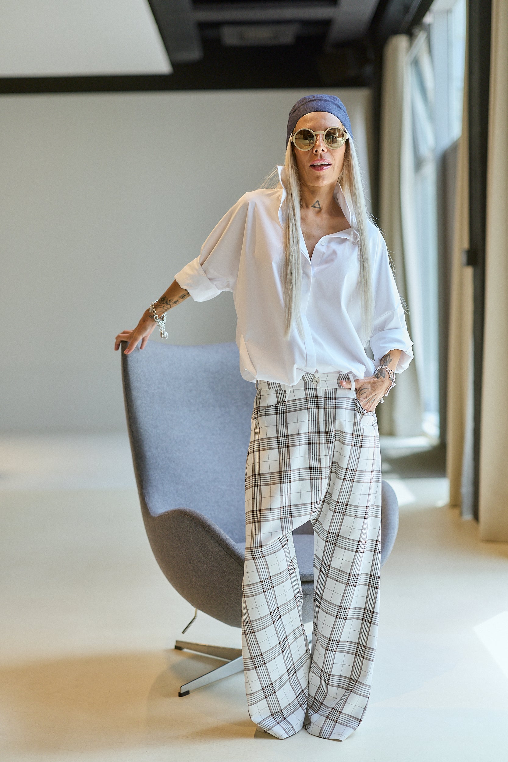 White Plaid Wide-Leg Statement Pants