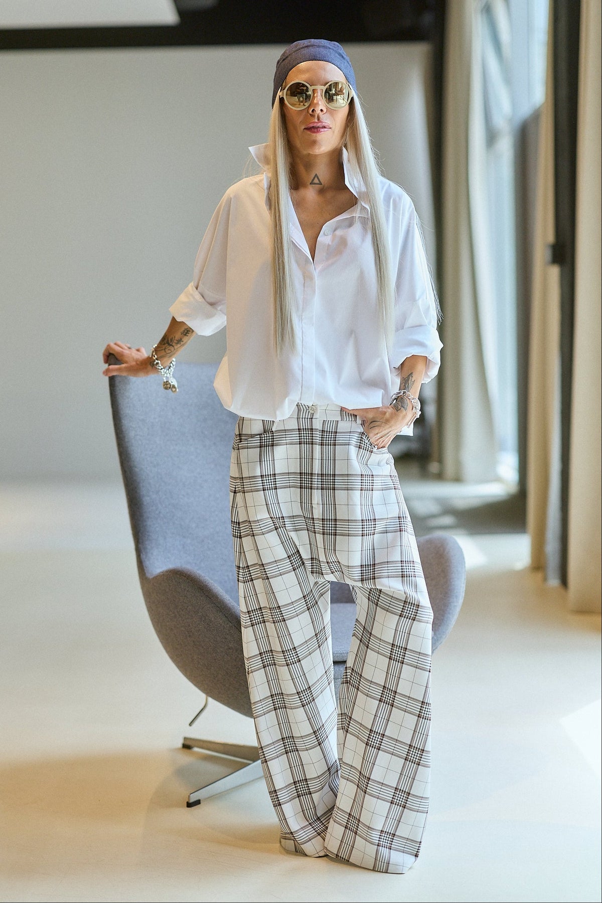 White Plaid Wide-Leg Statement Pants