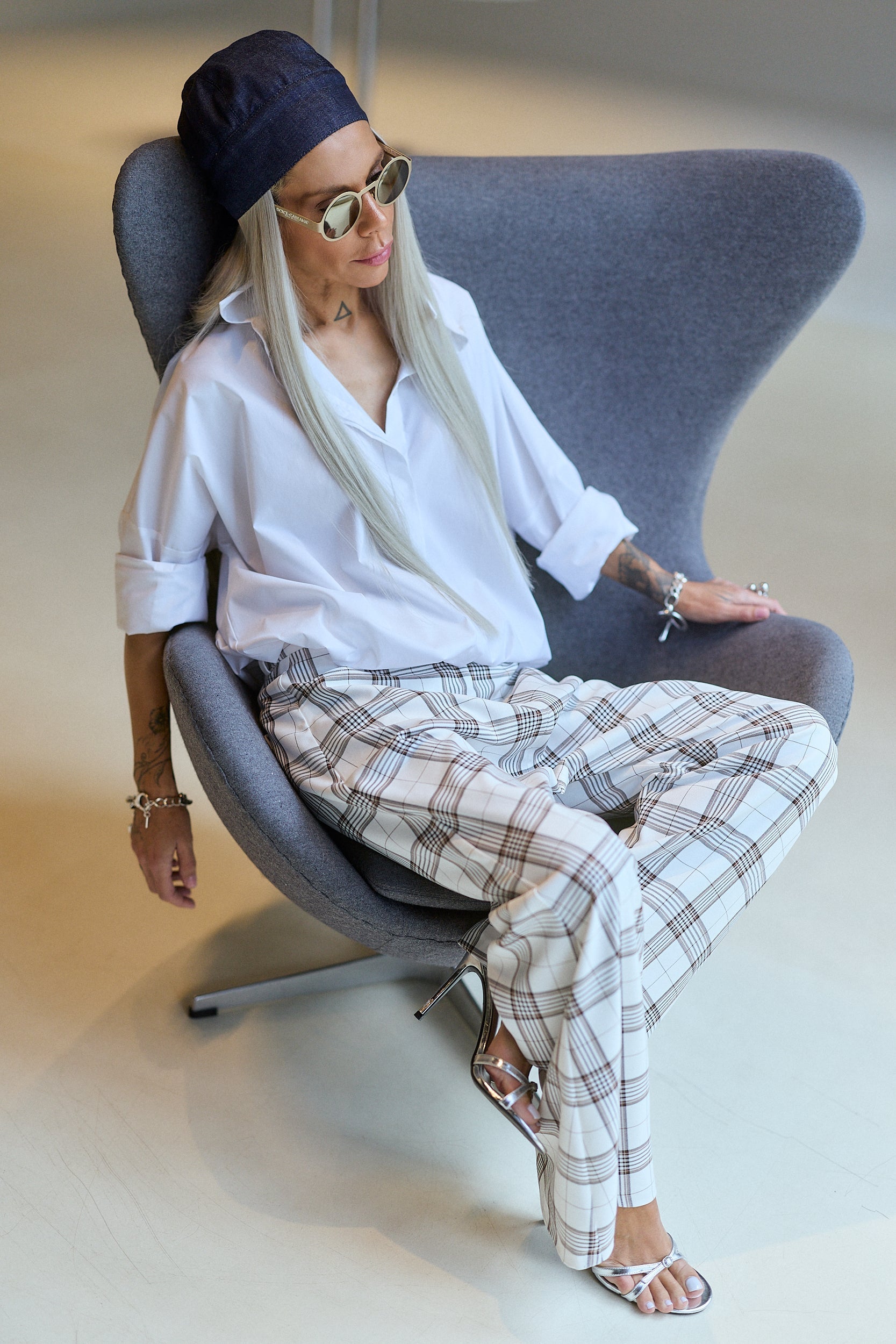 White Plaid Wide-Leg Statement Pants