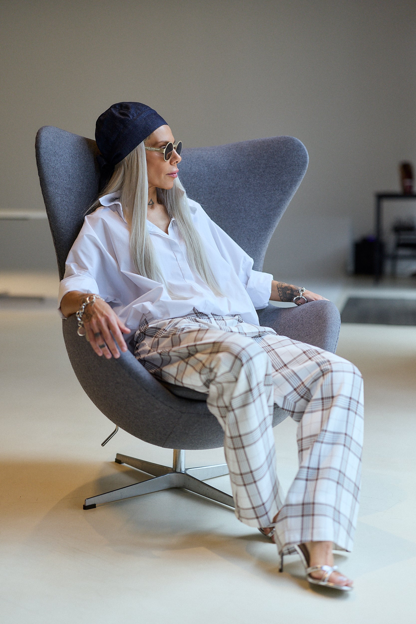 White Plaid Wide-Leg Statement Pants