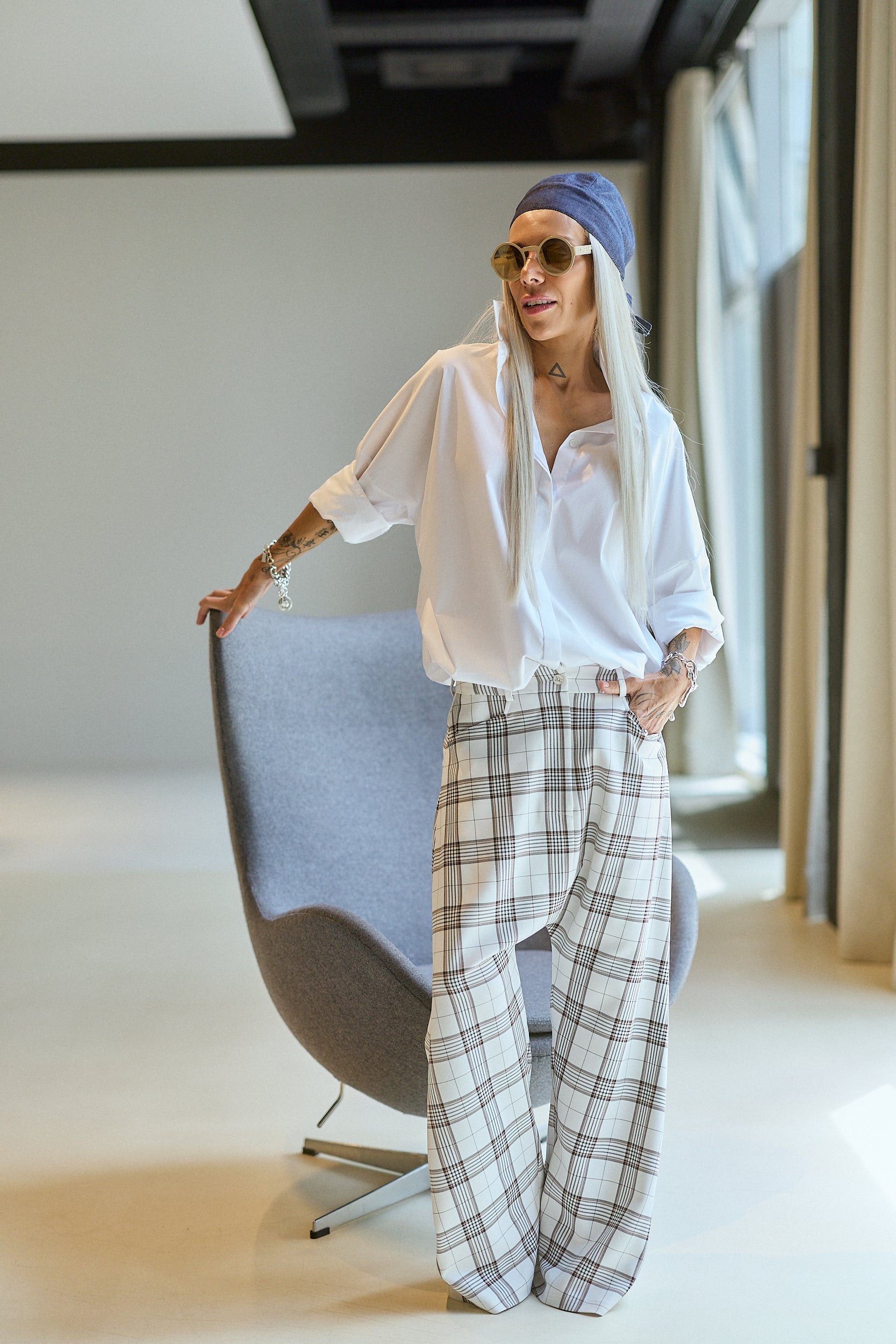 White Plaid Wide-Leg Statement Pants