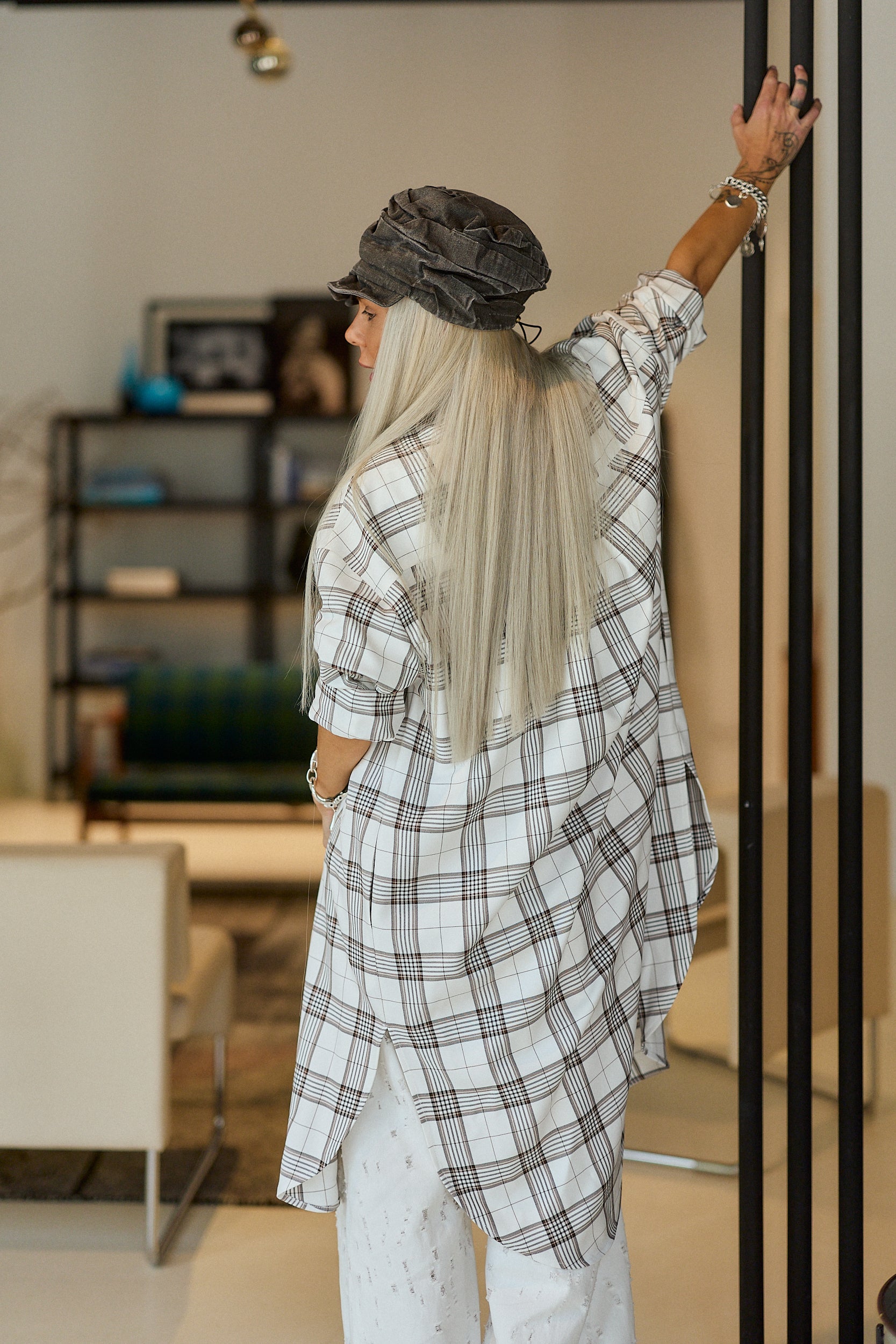 White & Mocha Plaid Oversized Shirt